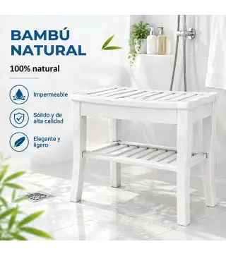 Taburete de Baño de Bambú con Estante Banco de Baño Impermeable y Robusta para Salón SPA 47,5x26x44,5 cm Blanco