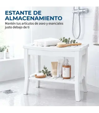 Taburete de Baño de Bambú con Estante Banco de Baño Impermeable y Robusta para Salón SPA 47,5x26x44,5 cm Blanco