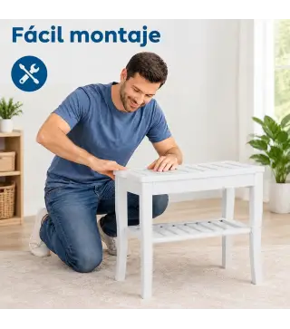 Taburete de Baño de Bambú con Estante Banco de Baño Impermeable y Robusta para Salón SPA 47,5x26x44,5 cm Blanco