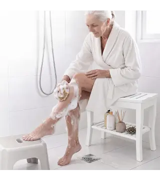 Taburete de Baño de Bambú con Estante Banco de Baño Impermeable y Robusta para Salón SPA 47,5x26x44,5 cm Blanco