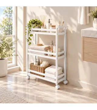 Estantería de Baño de Bambú de 3 Niveles Carrito Auxiliar de Almacenaje con Ruedas 55x20x75 cm Blanco
