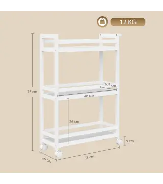 Estantería de Baño de Bambú de 3 Niveles Carrito Auxiliar de Almacenaje con Ruedas 55x20x75 cm Blanco