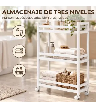 Estantería de Baño de Bambú de 3 Niveles Carrito Auxiliar de Almacenaje con Ruedas 55x20x75 cm Blanco