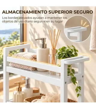 Estantería de Baño de Bambú de 3 Niveles Carrito Auxiliar de Almacenaje con Ruedas 55x20x75 cm Blanco