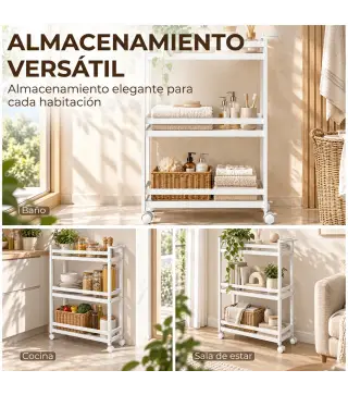Estantería de Baño de Bambú de 3 Niveles Carrito Auxiliar de Almacenaje con Ruedas 55x20x75 cm Blanco