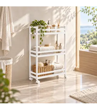 Estantería de Baño de Bambú de 3 Niveles Carrito Auxiliar de Almacenaje con Ruedas 55x20x75 cm Blanco