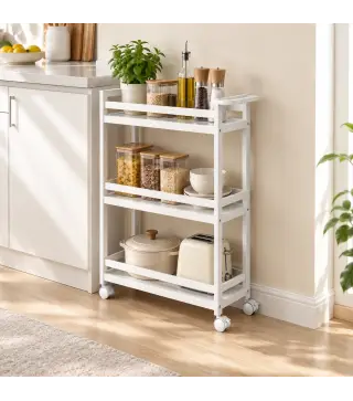 Estantería de Baño de Bambú de 3 Niveles Carrito Auxiliar de Almacenaje con Ruedas 55x20x75 cm Blanco