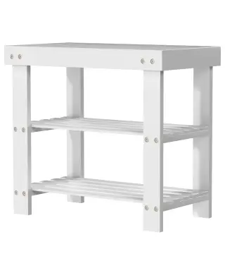 Banco Zapatero de Bambú con Asiento y 2 Estantes para 4 Pares para Entrada Salón Dormitorio 50x28x45 cm Blanco