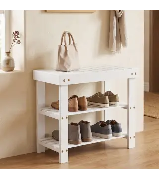 Banco Zapatero de Bambú con Asiento y 2 Estantes para 4 Pares para Entrada Salón Dormitorio 50x28x45 cm Blanco