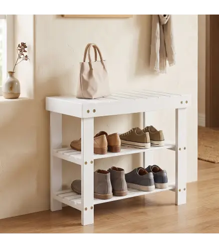 Banco Zapatero de Bambú con Asiento y 2 Estantes para 4 Pares para Entrada Salón Dormitorio 50x28x45 cm Blanco