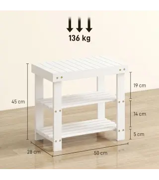 Banco Zapatero de Bambú con Asiento y 2 Estantes para 4 Pares para Entrada Salón Dormitorio 50x28x45 cm Blanco