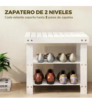 Banco Zapatero de Bambú con Asiento y 2 Estantes para 4 Pares para Entrada Salón Dormitorio 50x28x45 cm Blanco