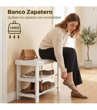 Banco Zapatero de Bambú con Asiento y 2 Estantes para 4 Pares para Entrada Salón Dormitorio 50x28x45 cm Blanco