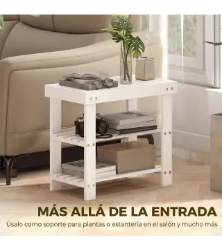 Banco Zapatero de Bambú con Asiento y 2 Estantes para 4 Pares para Entrada Salón Dormitorio 50x28x45 cm Blanco