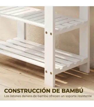 Banco Zapatero de Bambú con Asiento y 2 Estantes para 4 Pares para Entrada Salón Dormitorio 50x28x45 cm Blanco