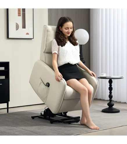 Sillón Relax Reclinable Eléctrico Levanta Personas de Tela Lino Control Remoto Asiento con Muelles Reposapiés Beige