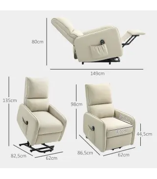 Sillón Relax Reclinable Eléctrico Levanta Personas de Tela Lino Control Remoto Asiento con Muelles Reposapiés Beige
