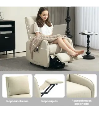 Sillón Relax Reclinable Eléctrico Levanta Personas de Tela Lino Control Remoto Asiento con Muelles Reposapiés Beige