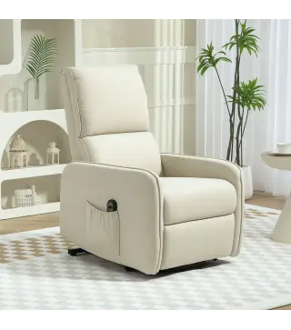 Sillón Relax Reclinable Eléctrico Levanta Personas de Tela Lino Control Remoto Asiento con Muelles Reposapiés Beige