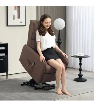 Sillón Relax Reclinable Eléctrico Levanta Personas de Tela Lino Control Remoto Asiento con Muelles Reposapiés Marrón