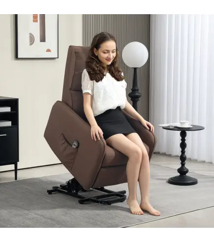 Sillón Relax Reclinable Eléctrico Levanta Personas de Tela Lino Control Remoto Asiento con Muelles Reposapiés Marrón