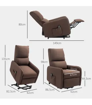 Sillón Relax Reclinable Eléctrico Levanta Personas de Tela Lino Control Remoto Asiento con Muelles Reposapiés Marrón