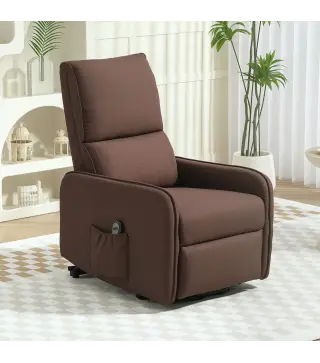 Sillón Relax Reclinable Eléctrico Levanta Personas de Tela Lino Control Remoto Asiento con Muelles Reposapiés Marrón