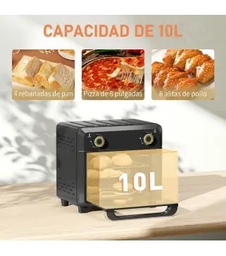 Horno Freidora de Aire 10 L con 2 Mandos Convección 360° Temperatura hasta 230 °C Temporizador 60 Min Bandeja y Cesta