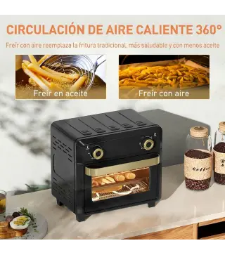 Horno Freidora de Aire 10 L con 2 Mandos Convección 360° Temperatura hasta 230 °C Temporizador 60 Min Bandeja y Cesta