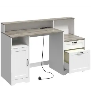 Escritorio 140 cm con Estación de Carga Cajones y Armario Enchufes Soporte para Impresora y Monitor Marrón y Blanco