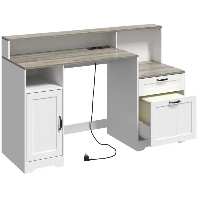 Escritorio 140 cm con Estación de Carga Cajones y Armario Enchufes Soporte para Impresora y Monitor Marrón y Blanco