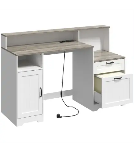 Escritorio 140 cm con Estación de Carga Cajones y Armario Enchufes Soporte para Impresora y Monitor Marrón y Blanco