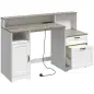 Escritorio 140 cm con Estación de Carga Cajones y Armario Enchufes Soporte para Impresora y Monitor Marrón y Blanco