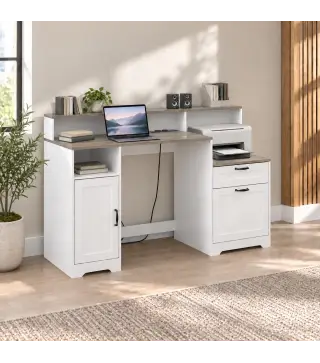 Escritorio 140 cm con Estación de Carga Cajones y Armario Enchufes Soporte para Impresora y Monitor Marrón y Blanco