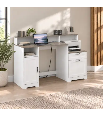 Escritorio 140 cm con Estación de Carga Cajones y Armario Enchufes Soporte para Impresora y Monitor Marrón y Blanco