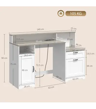 Escritorio 140 cm con Estación de Carga Cajones y Armario Enchufes Soporte para Impresora y Monitor Marrón y Blanco