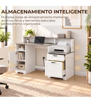 Escritorio 140 cm con Estación de Carga Cajones y Armario Enchufes Soporte para Impresora y Monitor Marrón y Blanco