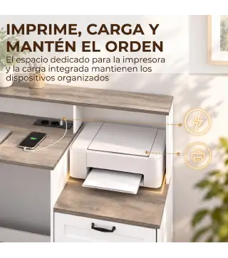 Escritorio 140 cm con Estación de Carga Cajones y Armario Enchufes Soporte para Impresora y Monitor Marrón y Blanco