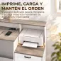 Escritorio 140 cm con Estación de Carga Cajones y Armario Enchufes Soporte para Impresora y Monitor Marrón y Blanco Escritorio 140 cm con Estación de Carga Cajones y Armario Enchufes Soporte para Impresora y Monitor Marrón y Blanco