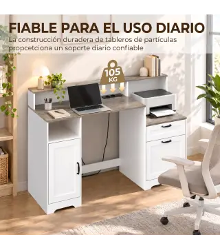 Escritorio 140 cm con Estación de Carga Cajones y Armario Enchufes Soporte para Impresora y Monitor Marrón y Blanco