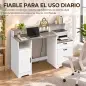 Escritorio 140 cm con Estación de Carga Cajones y Armario Enchufes Soporte para Impresora y Monitor Marrón y Blanco Escritorio 140 cm con Estación de Carga Cajones y Armario Enchufes Soporte para Impresora y Monitor Marrón y Blanco