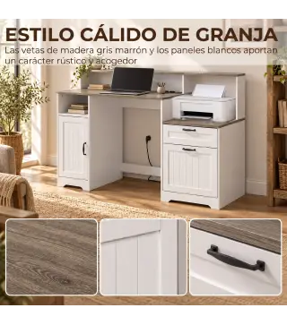 Escritorio 140 cm con Estación de Carga Cajones y Armario Enchufes Soporte para Impresora y Monitor Marrón y Blanco