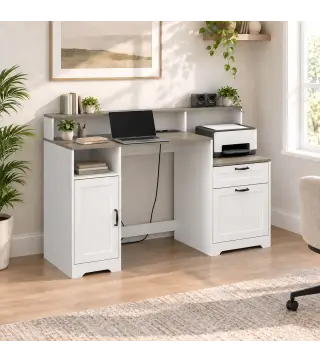 Escritorio 140 cm con Estación de Carga Cajones y Armario Enchufes Soporte para Impresora y Monitor Marrón y Blanco