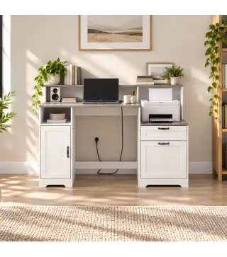 Escritorio 140 cm con Estación de Carga Cajones y Armario Enchufes Soporte para Impresora y Monitor Marrón y Blanco