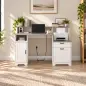 Escritorio 140 cm con Estación de Carga Cajones y Armario Enchufes Soporte para Impresora y Monitor Marrón y Blanco Escritorio 140 cm con Estación de Carga Cajones y Armario Enchufes Soporte para Impresora y Monitor Marrón y Blanco