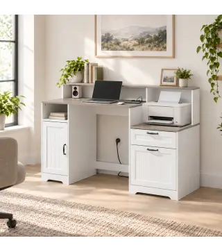 Escritorio 140 cm con Estación de Carga Cajones y Armario Enchufes Soporte para Impresora y Monitor Marrón y Blanco