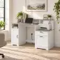 Escritorio 140 cm con Estación de Carga Cajones y Armario Enchufes Soporte para Impresora y Monitor Marrón y Blanco Escritorio 140 cm con Estación de Carga Cajones y Armario Enchufes Soporte para Impresora y Monitor Marrón y Blanco