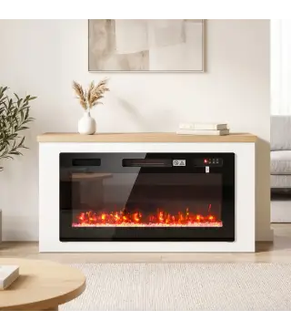 Chimenea Eléctrica de Pie 900/1800W Mueble para TV 55" 12 Colores de Llama 3D 5 Brillos Control Remoto para 35㎡ Blanco