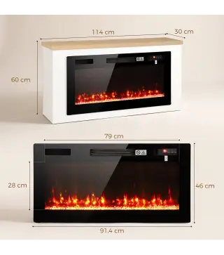 Chimenea Eléctrica de Pie 900/1800W Mueble para TV 55" 12 Colores de Llama 3D 5 Brillos Control Remoto para 35㎡ Blanco
