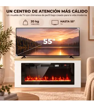 Chimenea Eléctrica de Pie 900/1800W Mueble para TV 55" 12 Colores de Llama 3D 5 Brillos Control Remoto para 35㎡ Blanco
